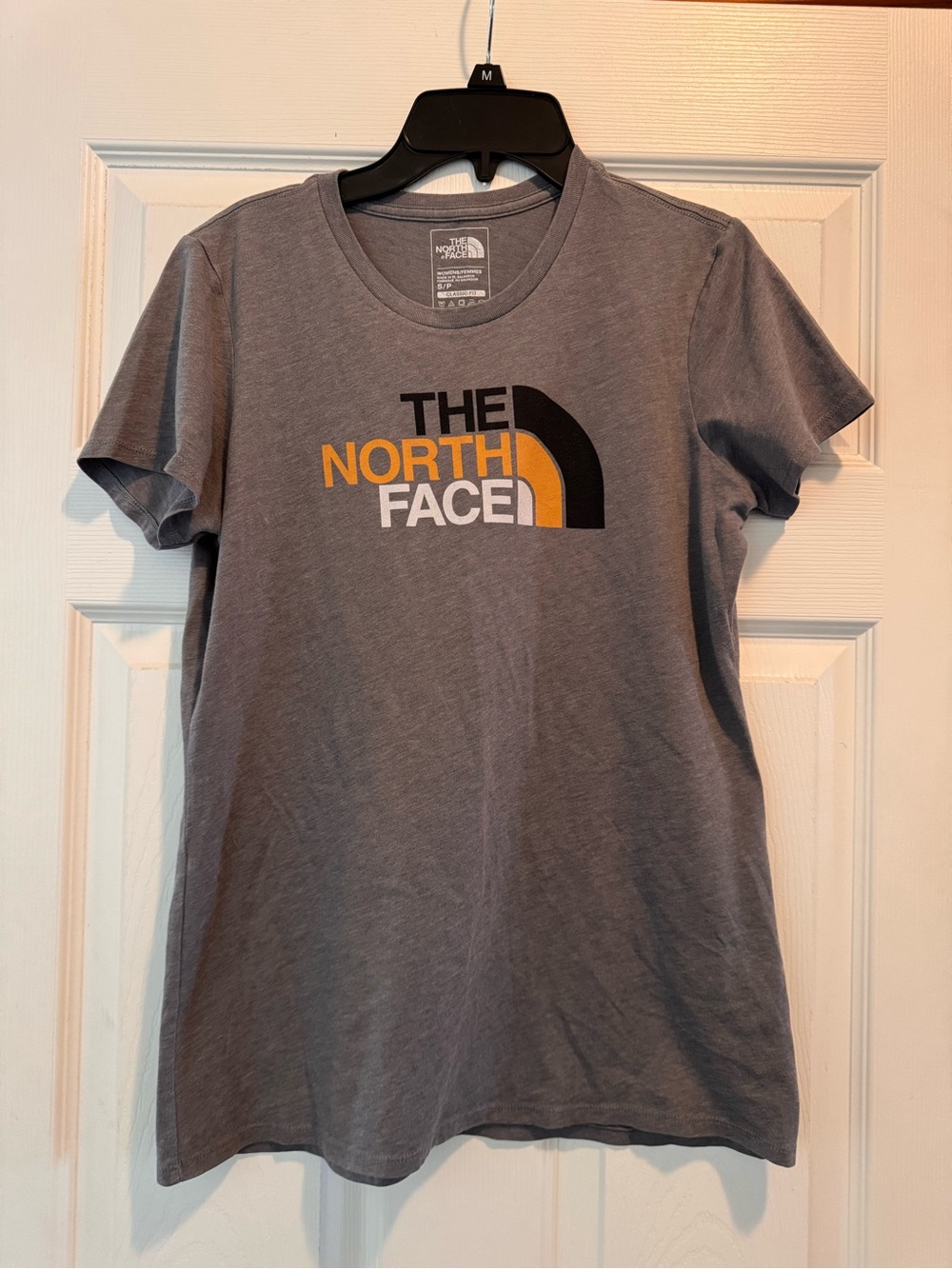 The North Face Women's Gray Short Sleeve Logo Tee with Yellow Accent